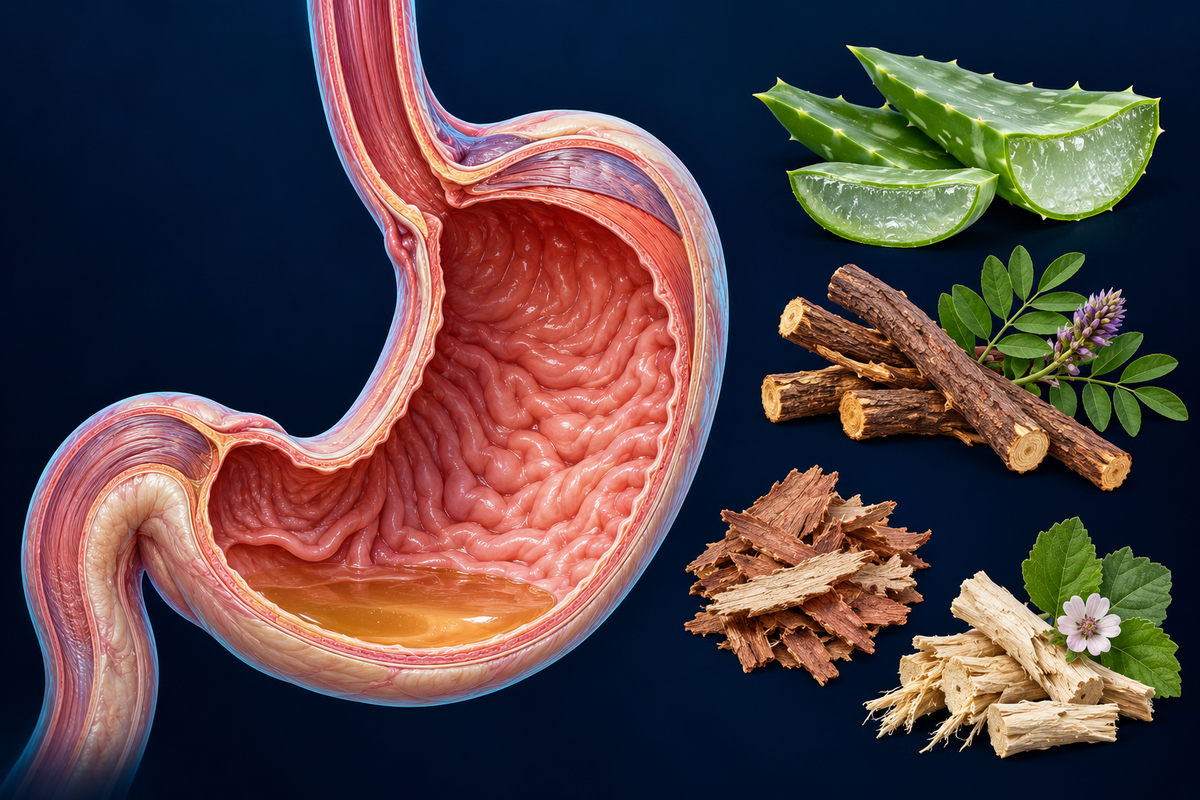 Illustrative botanical ingredients and upper digestive anatomy.