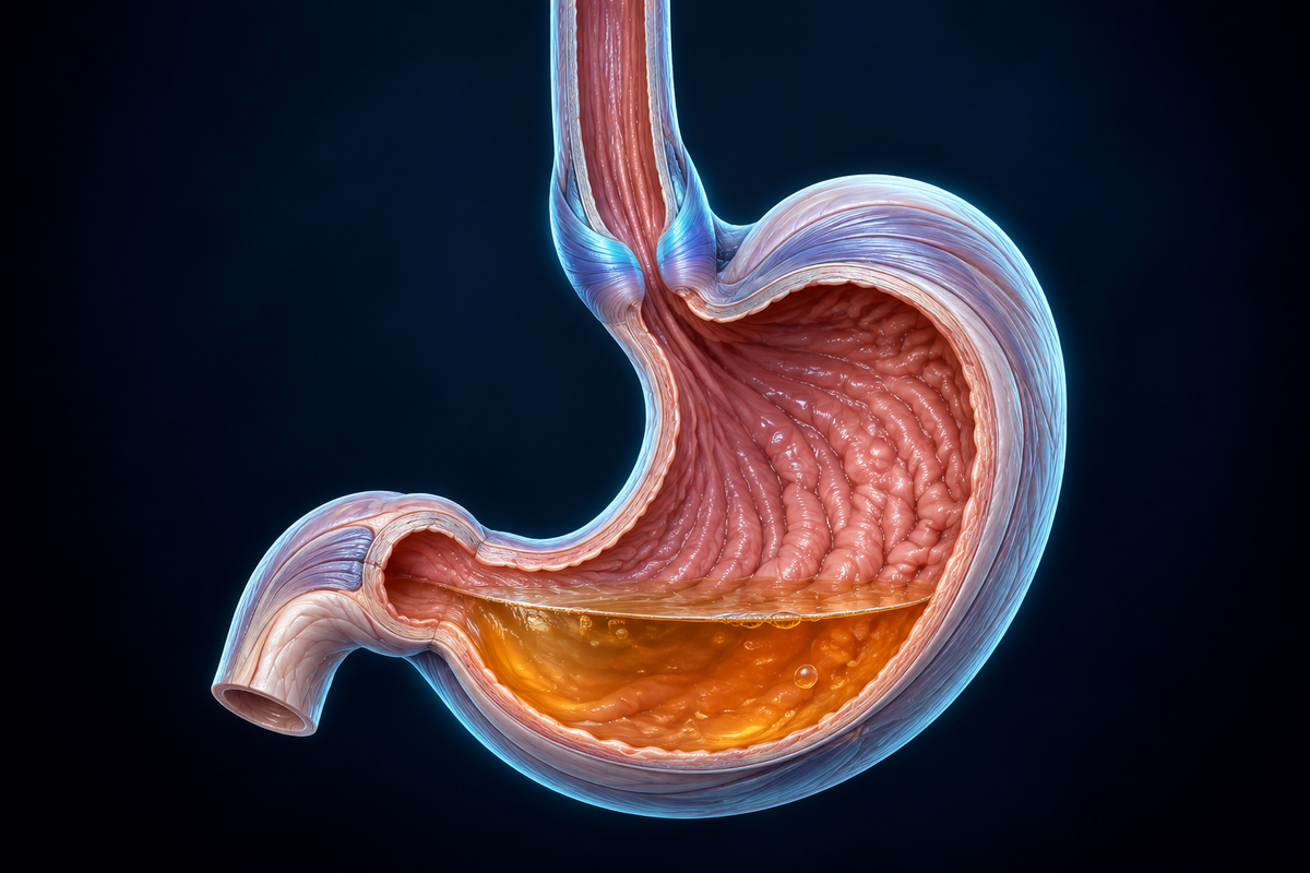 Illustrative 3D cutaway of the esophagus and stomach, showing their junction and gastric contents.