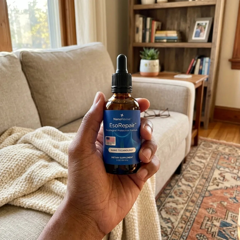 Hand holding an EsoRepair bottle in a sunlit living room.