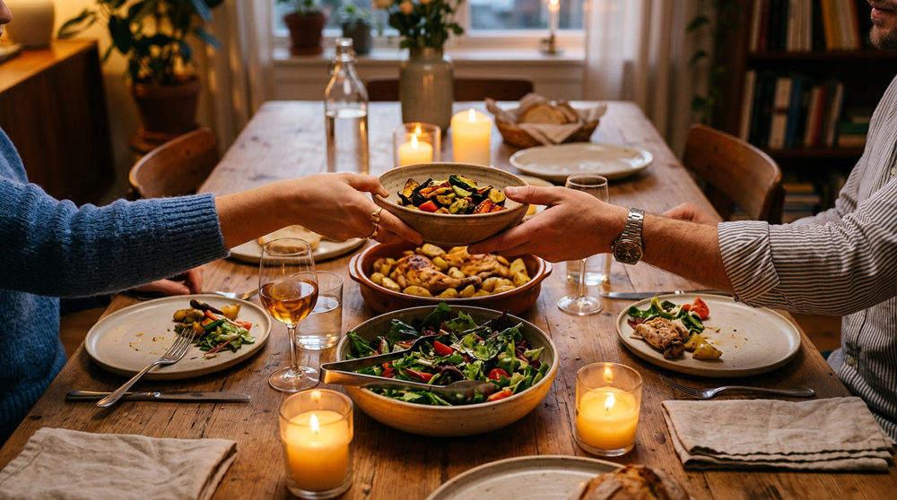 Relaxed shared dinner table seen from above