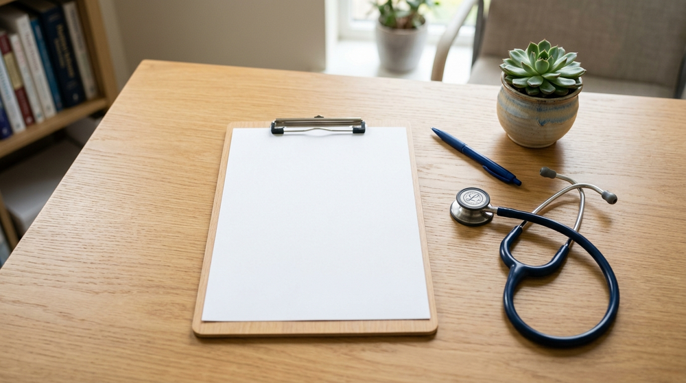 Doctor consulting room desk with a clipboard and stethoscope