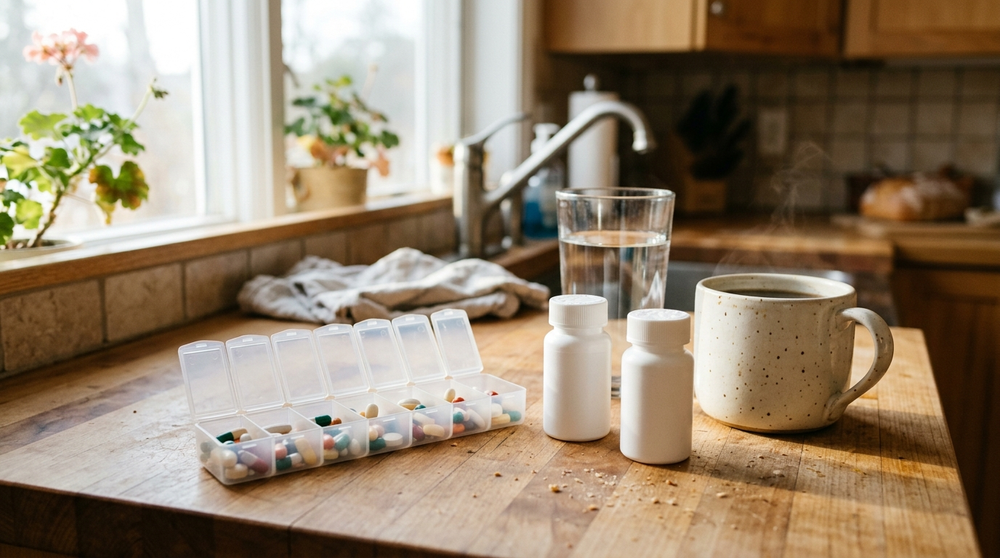Weekly pill organiser and plain bottles on a kitchen counter