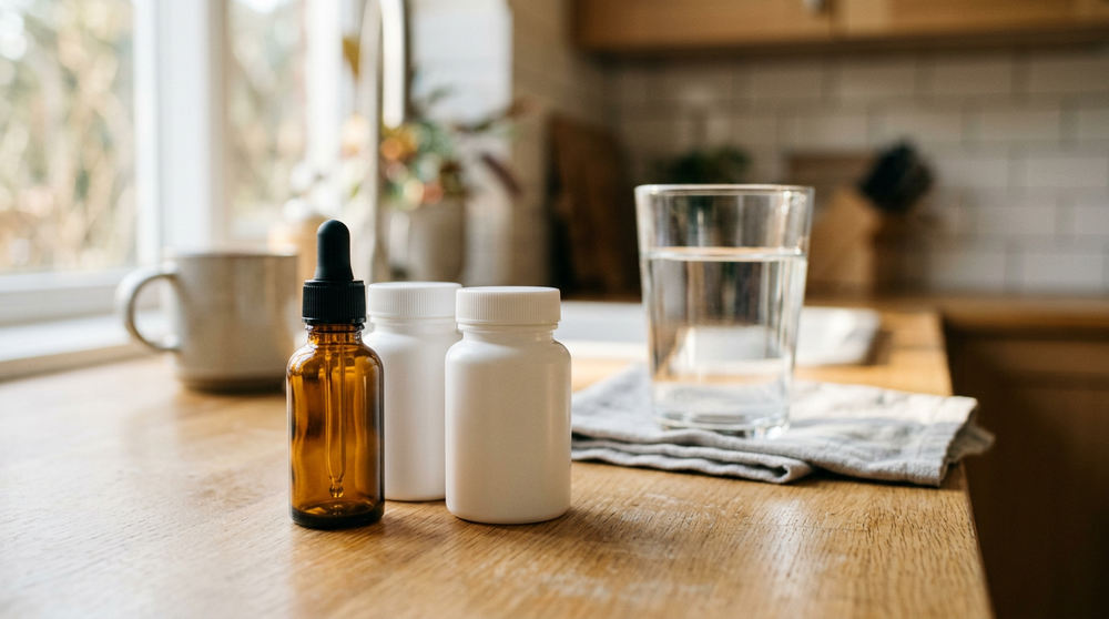 Amber bottle standing alongside plain pill bottles on a counter