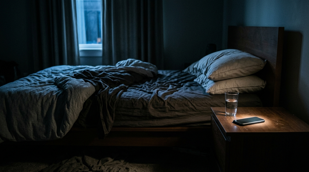 Empty bed at night with a glass of water on the nightstand