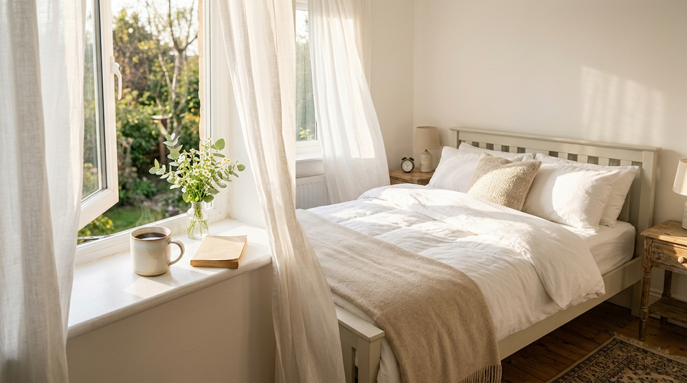 Sunlit bedroom in the morning with a neatly made bed