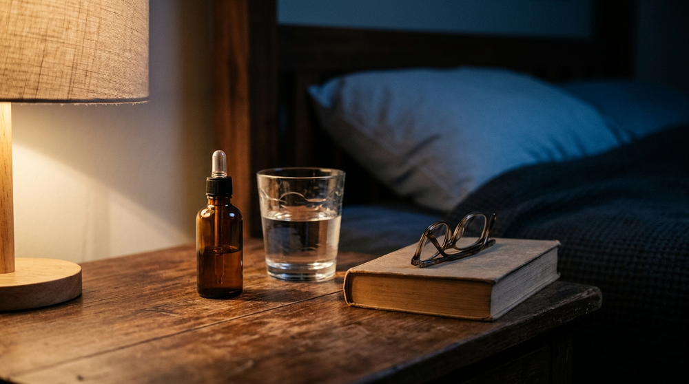 Amber bottle and glass of water on a nightstand at bedtime