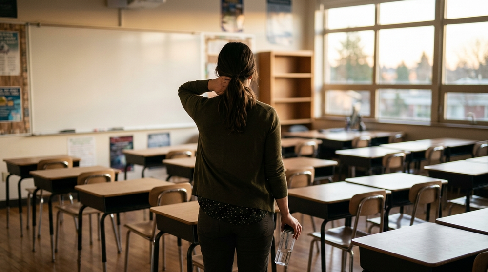 Teacher seen from behind in an empty classroom holding a water bottle
