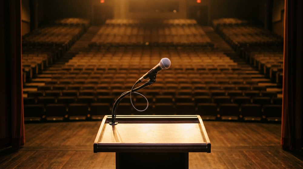 Podium microphone in a warmly lit auditorium