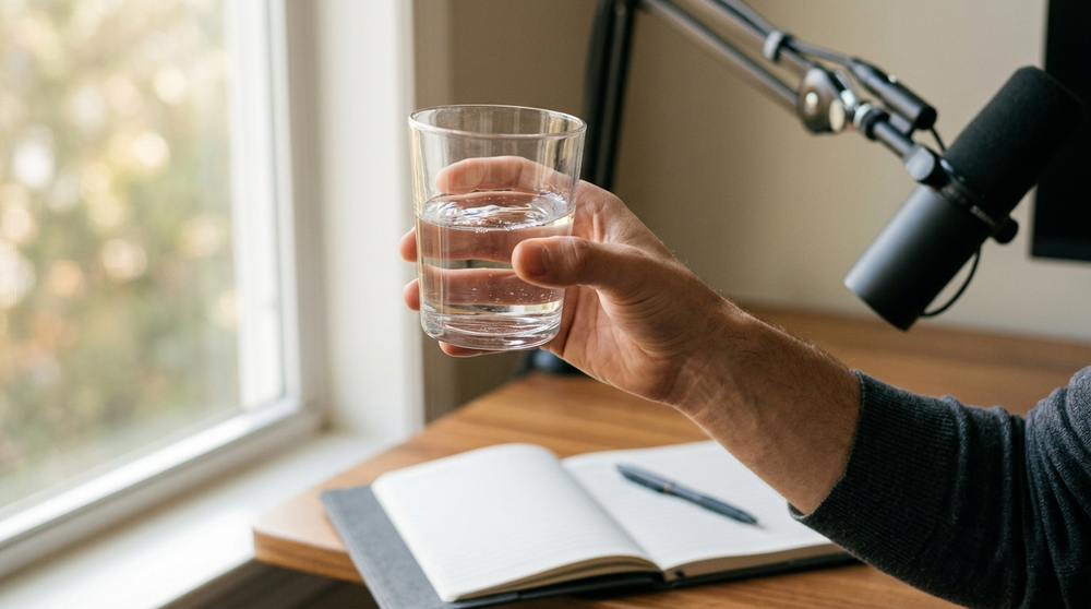 Hand holding a glass of water at a desk