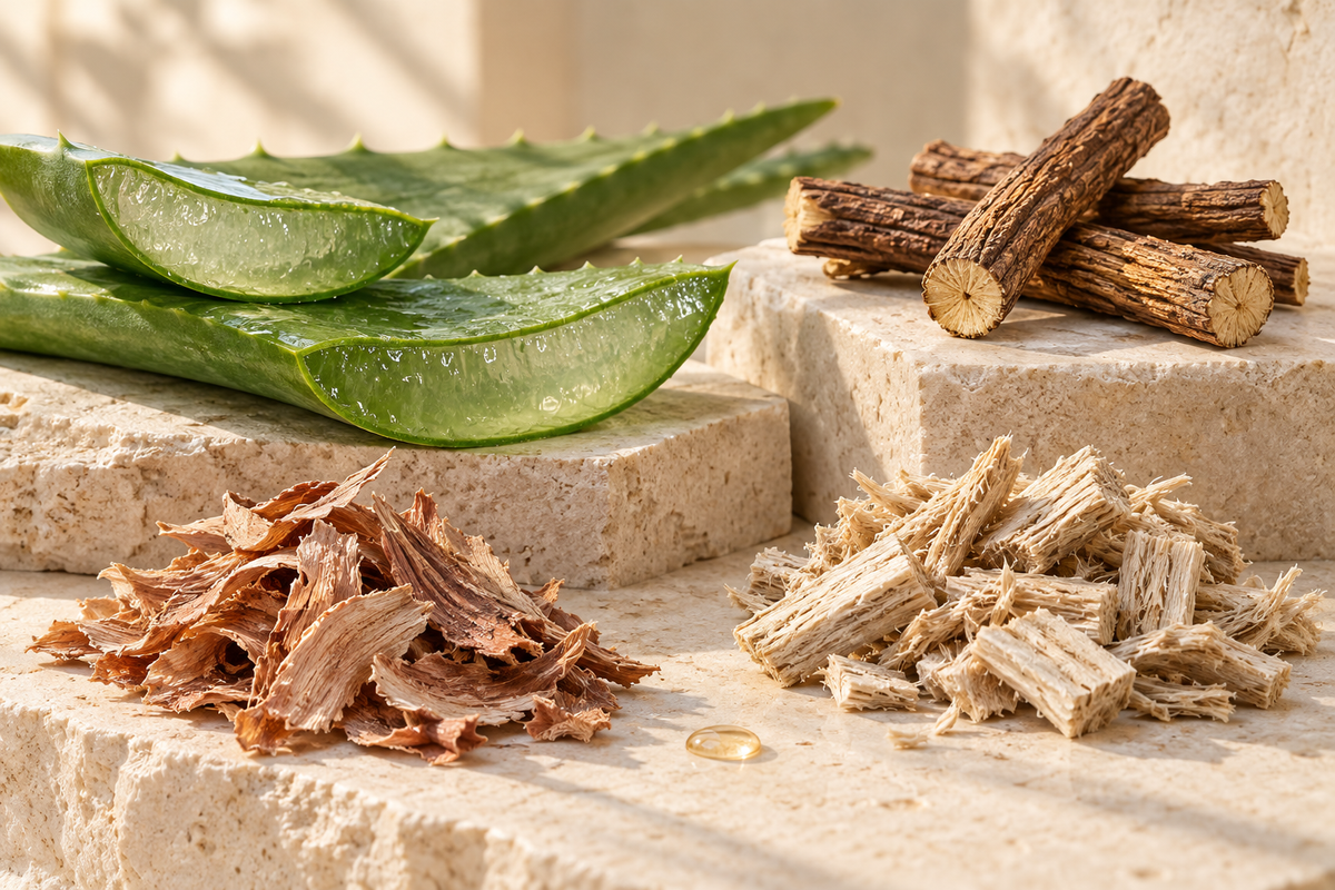 A representative selection of four formula botanicals: aloe vera, licorice root, slippery elm bark and marshmallow root, arranged on warm ivory stone.