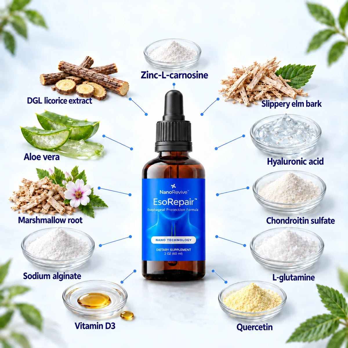 EsoRepair bottle surrounded by labeled formula ingredients.