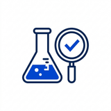 Icon of a laboratory flask and magnifying glass with a checkmark