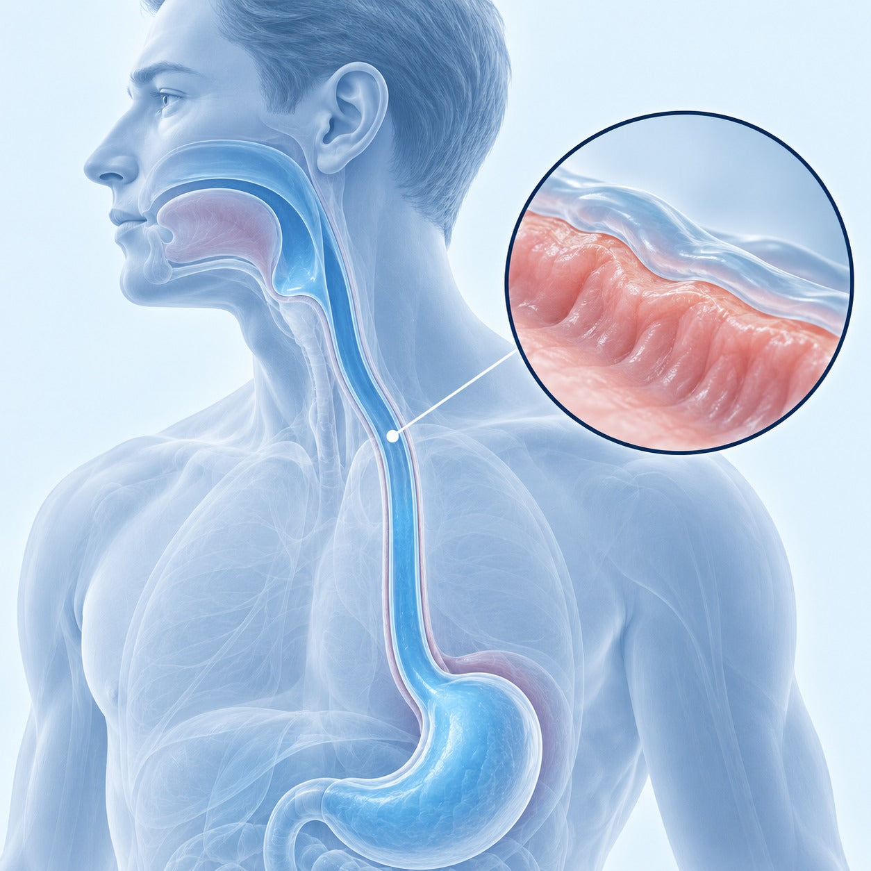Illustration of soothing liquid coating the throat and esophageal lining