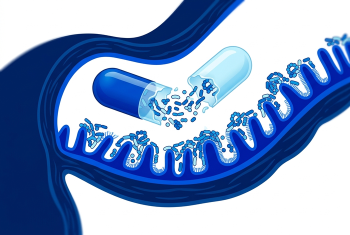 Illustration of a capsule dissolving in the intestine and releasing beneficial bacteria along the intestinal wall