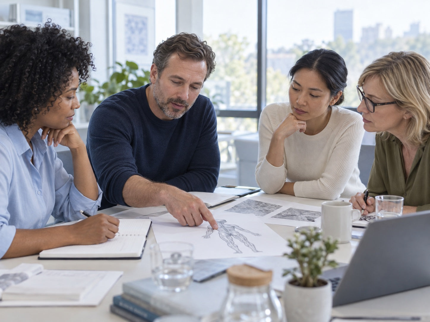 A small editorial research group reviewing health information at a conference table