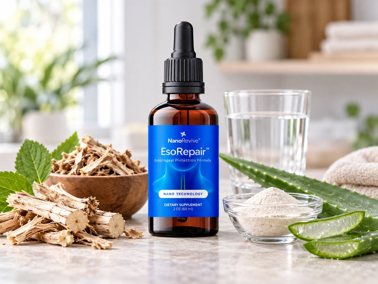 EsoRepair bottle beside water, aloe, and botanical ingredients
