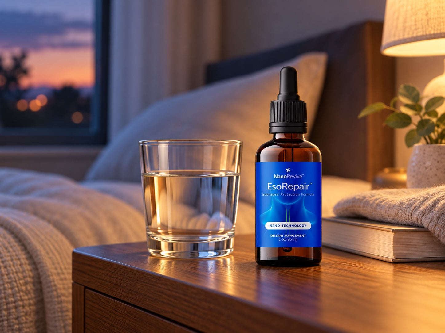 EsoRepair bottle and a glass of water on a calm bedside table at dusk