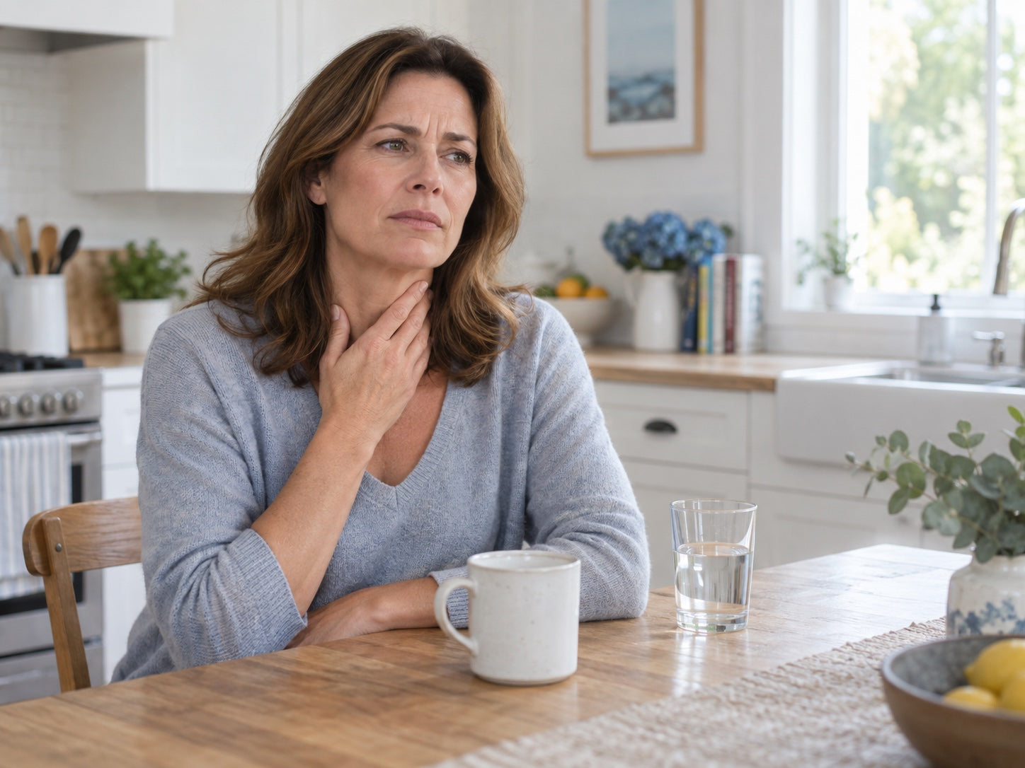 Woman touching the lower front of her throat while seated at a kitchen table