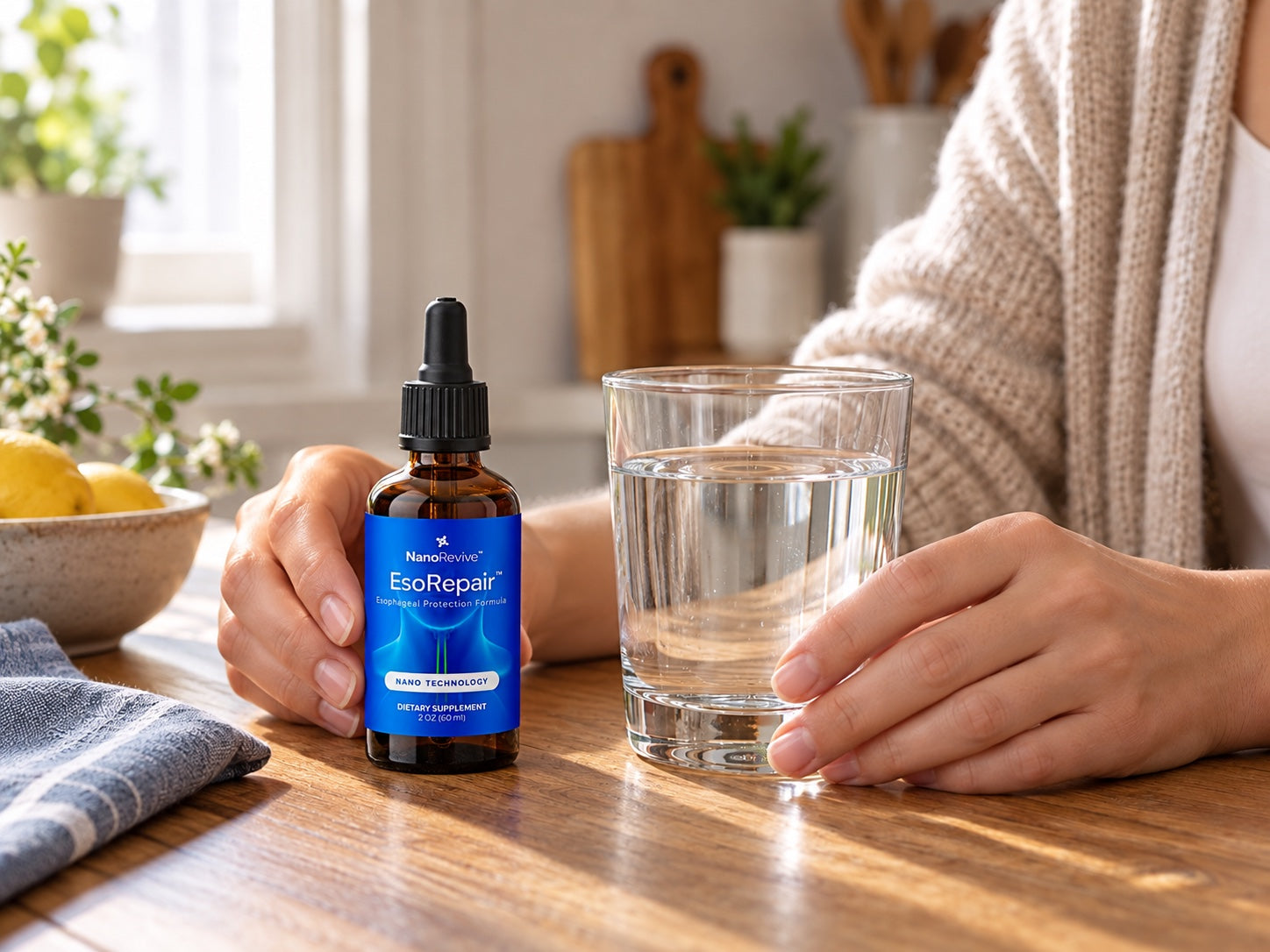 EsoRepair bottle beside a clear glass of water in a bright home kitchen