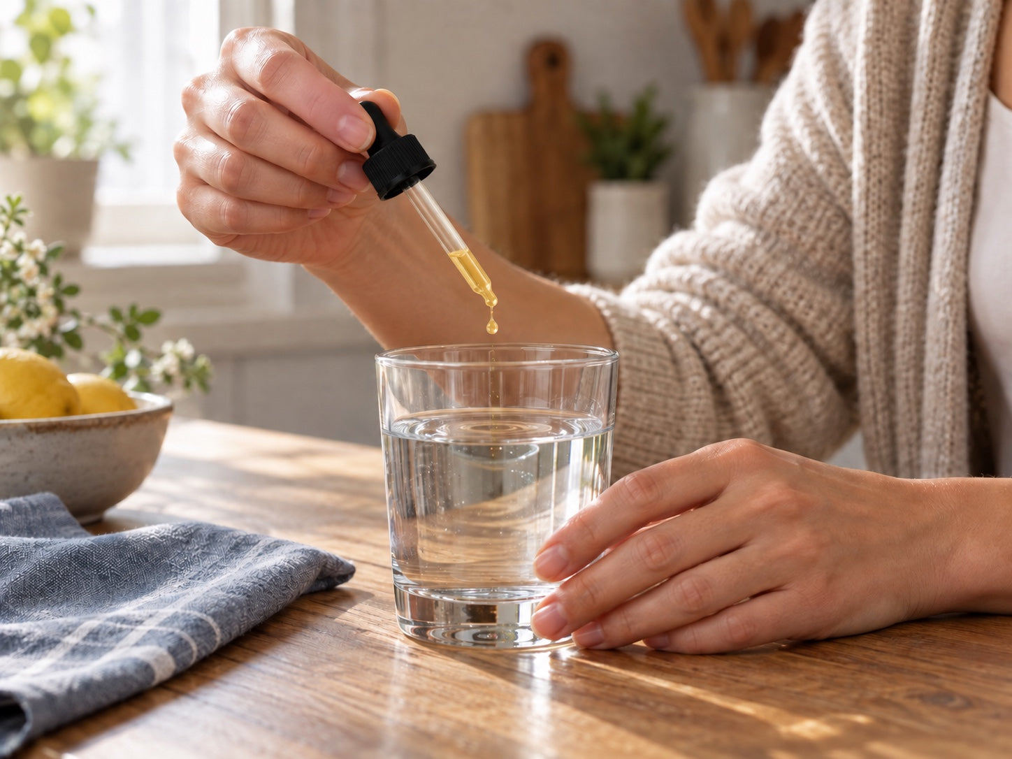 A hand adding pale-golden liquid drops from a dropper into a glass of water