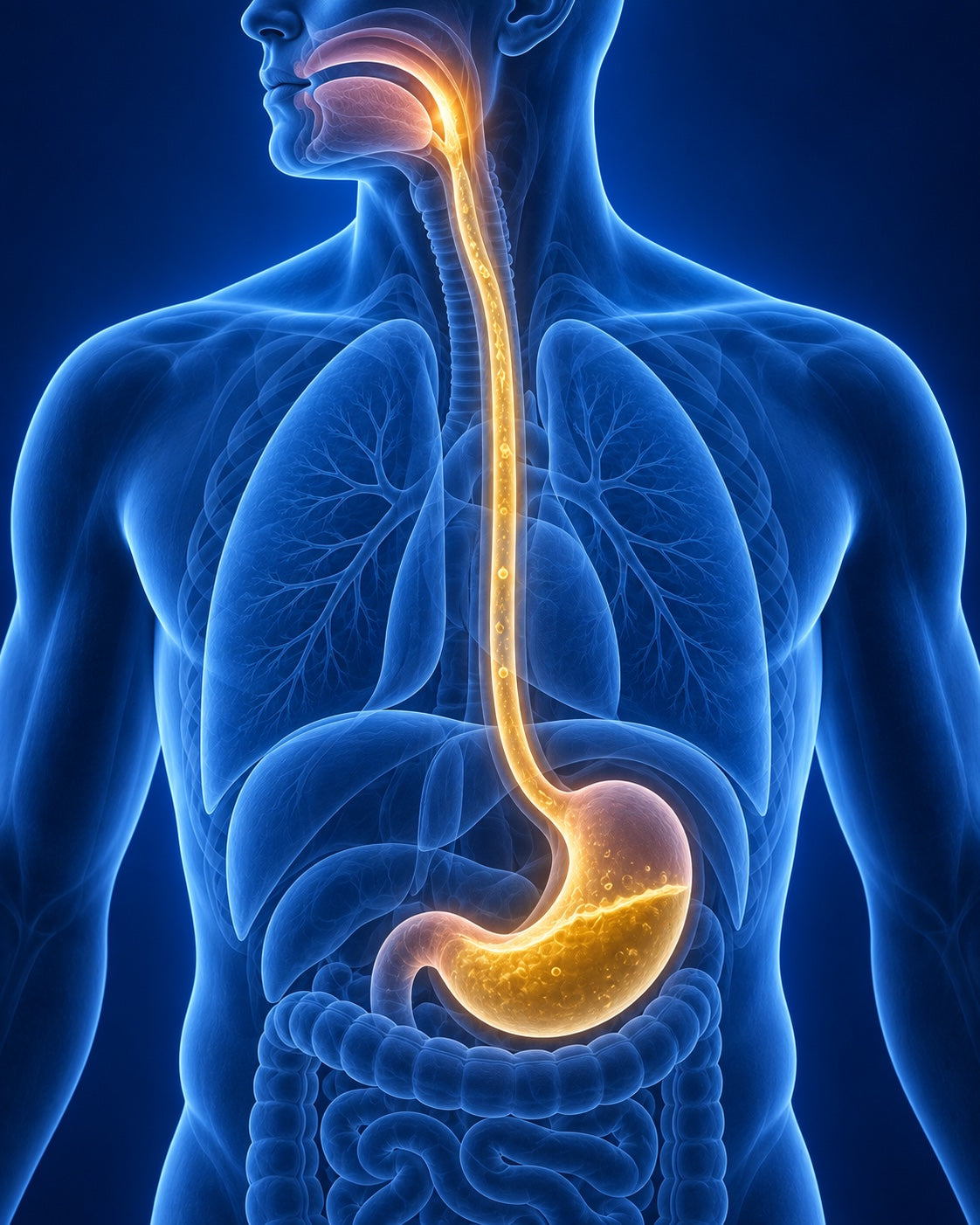 Polished educational illustration showing the throat, esophagus, and stomach along the swallow path