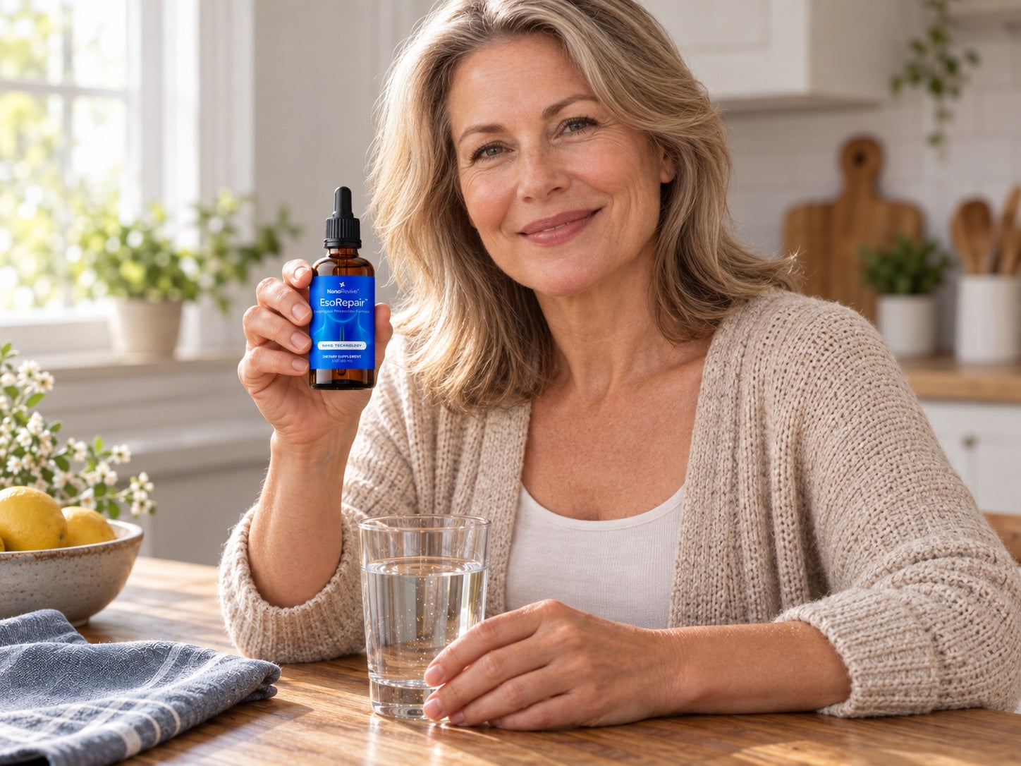 A woman in her mid-fifties holding a bottle of EsoRepair beside a glass of water