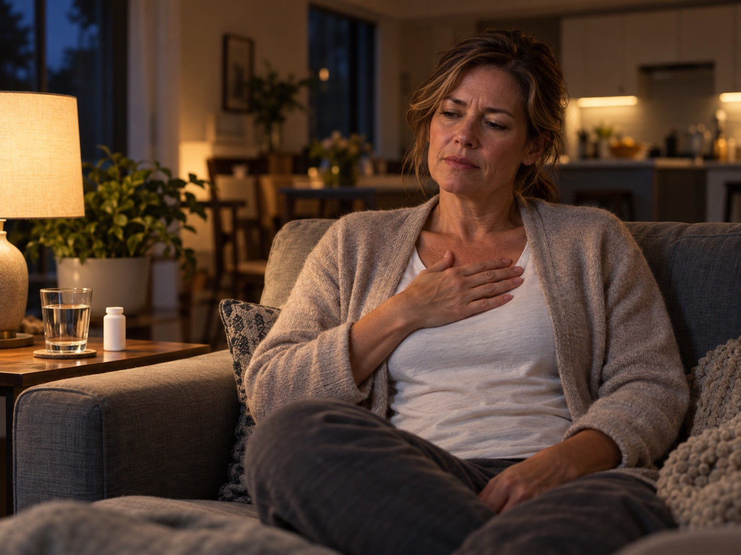 Woman seated on a sofa in the evening with one hand resting over the center of her breastbone