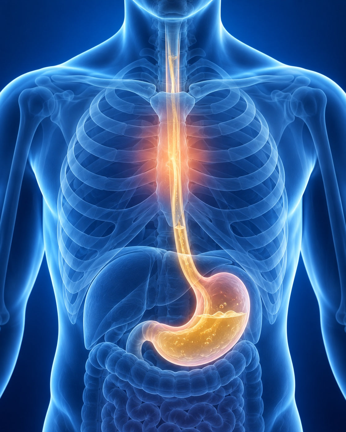 Educational illustration showing the esophagus behind the breastbone with a pale-golden path to the stomach