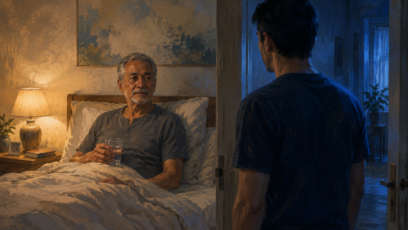Editorial illustration of an older father sitting upright in bed while his adult son listens in the doorway.
