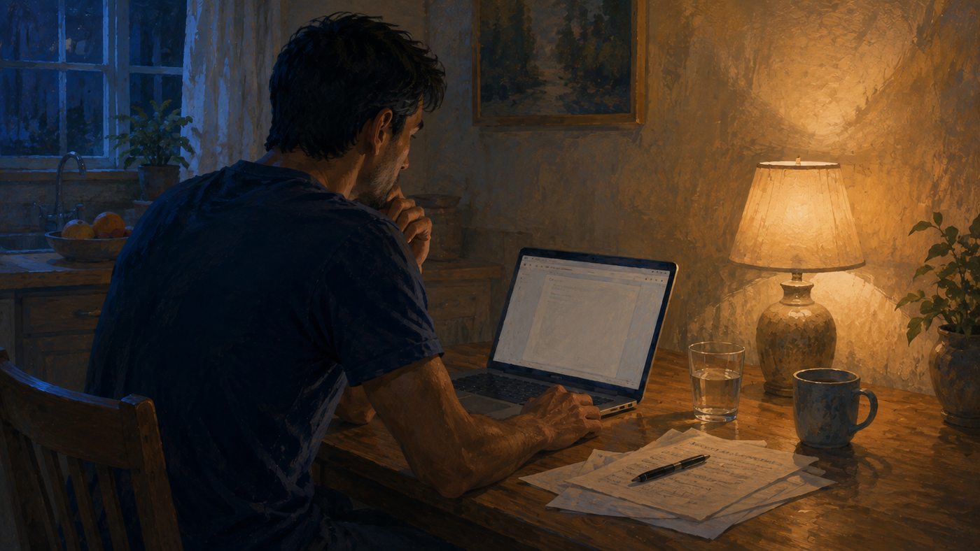 Editorial illustration of an adult son reading on a laptop and taking notes at a kitchen table.