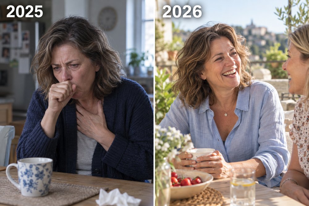 Illustrative 2025 and 2026 scenes of the same fictional woman, coughing at home and enjoying a relaxed conversation outdoors