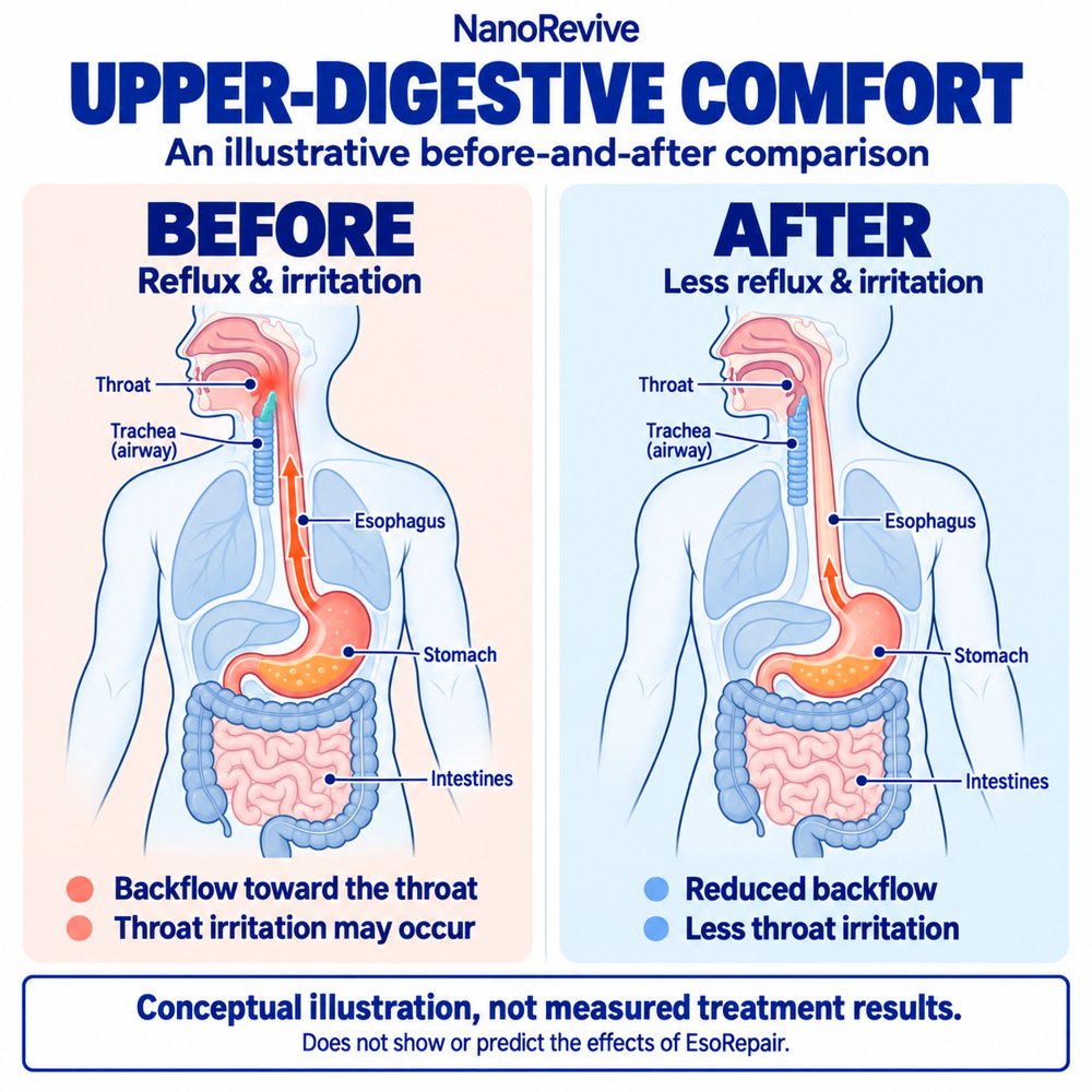 Conceptual before-and-after digestive-system comparison: reflux toward the throat with irritation, alongside reduced backflow and less irritation. This is not a measured treatment result or a prediction of EsoRepair effects.