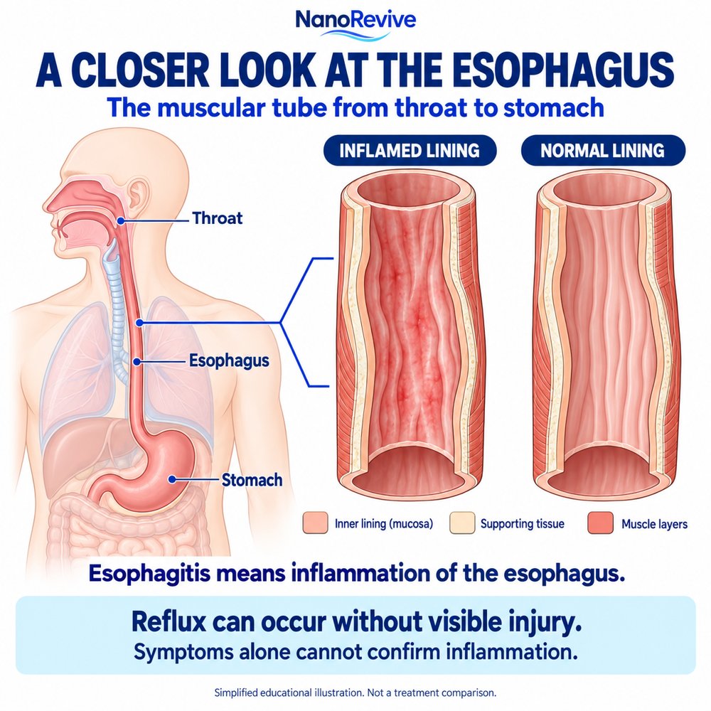 Esophagus connecting the throat to the stomach, with enlarged tubular views of inflamed and normal lining. The inner lining, supporting tissue and muscle layers are shown schematically. Reflux can occur without visible injury.