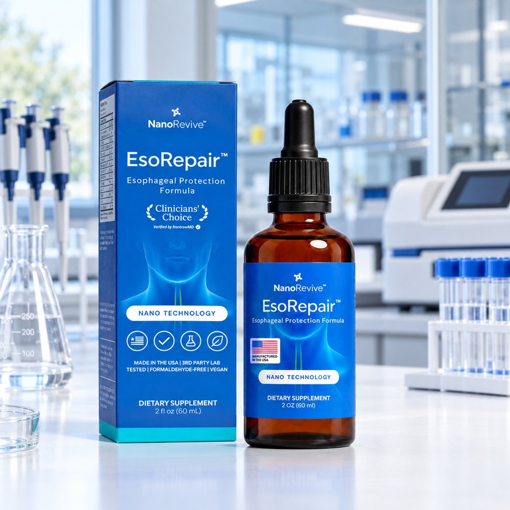 NanoRevive EsoRepair amber dropper bottle and blue carton on a clean laboratory bench, in an illustrative lab setting