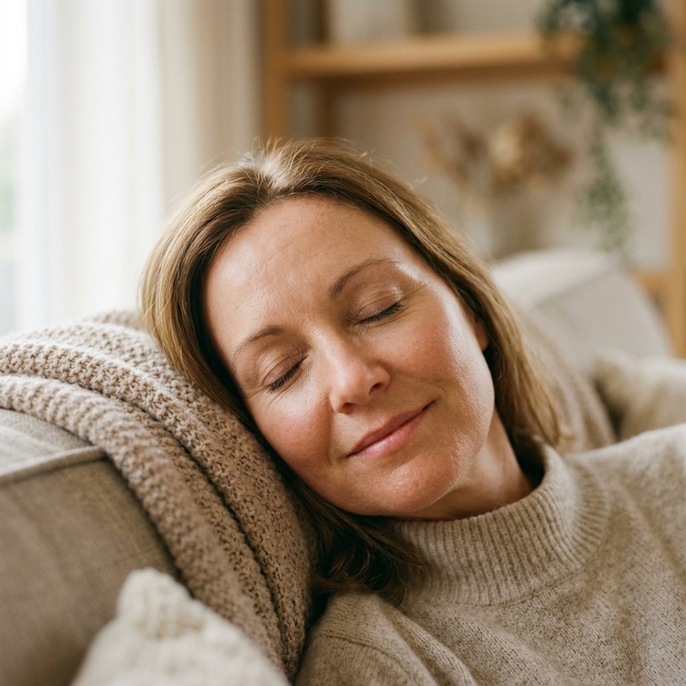 A woman resting on a sofa at home
