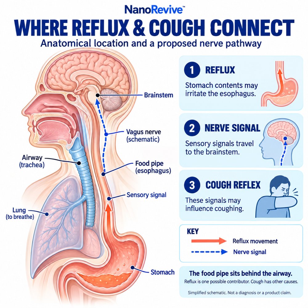 Side-view anatomy showing the esophagus behind the trachea and connected to the stomach. Solid coral arrows show reflux; dashed blue arrows show a proposed sensory nerve pathway toward the brainstem. Reflux is one possible contributor to cough.