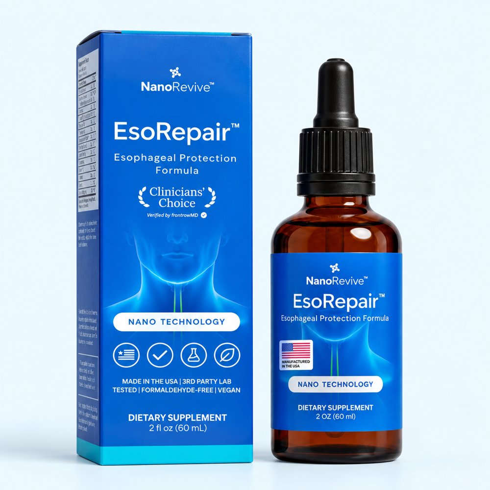 One NanoRevive EsoRepair amber dropper bottle beside its blue retail carton