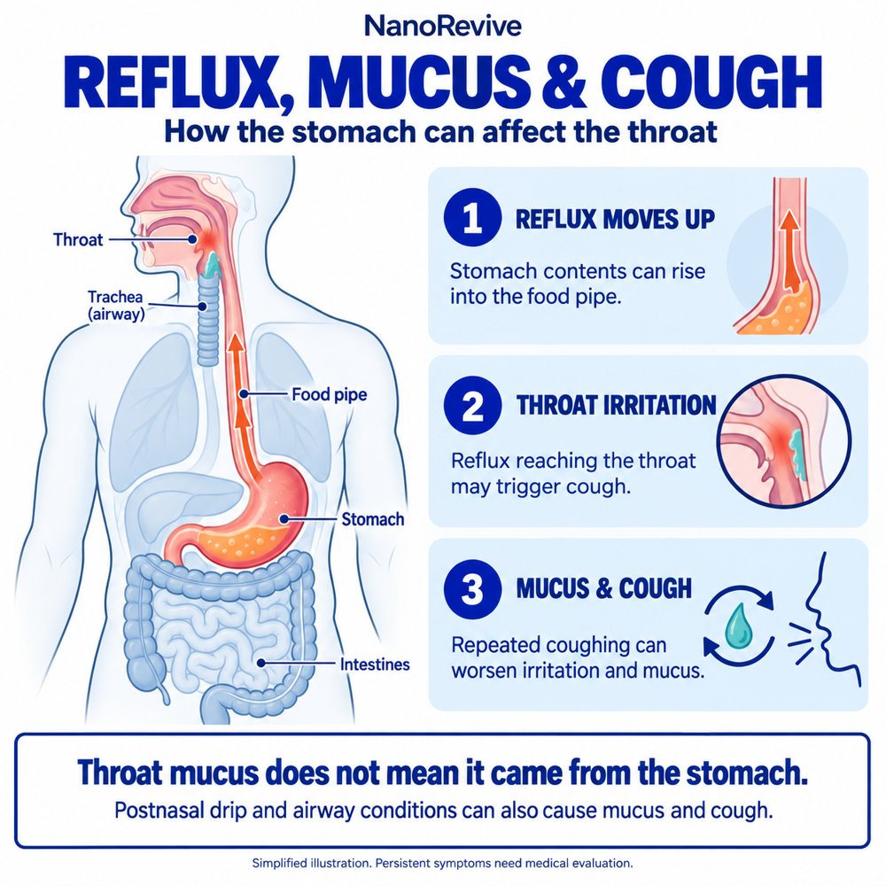 Digestive system and reflux pathway: stomach contents can rise through the food pipe to the throat. Throat irritation may trigger cough; repeated coughing can worsen irritation and mucus. Postnasal drip and airway conditions can also contribute.